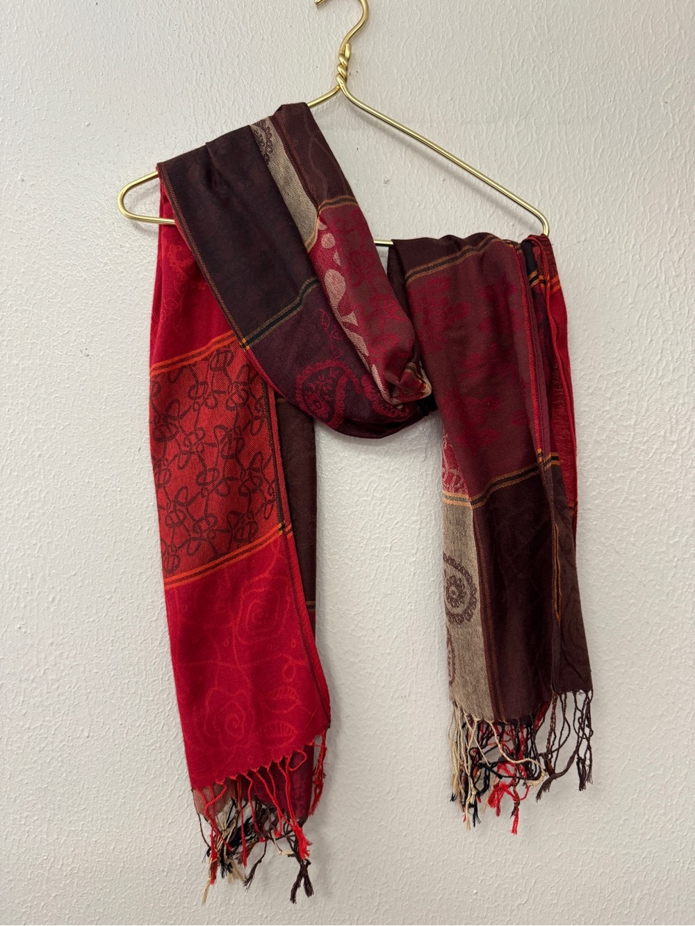 Red & Brown Block Patterned Fringe Scarf